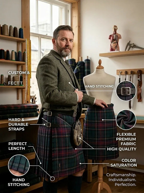 A man wearing a handmade Scottish kilt in a workshop setting, with text callouts highlighting features like hand stitching, durable straps, and flexible fabric. A mannequin with a matching kilt is also shown.