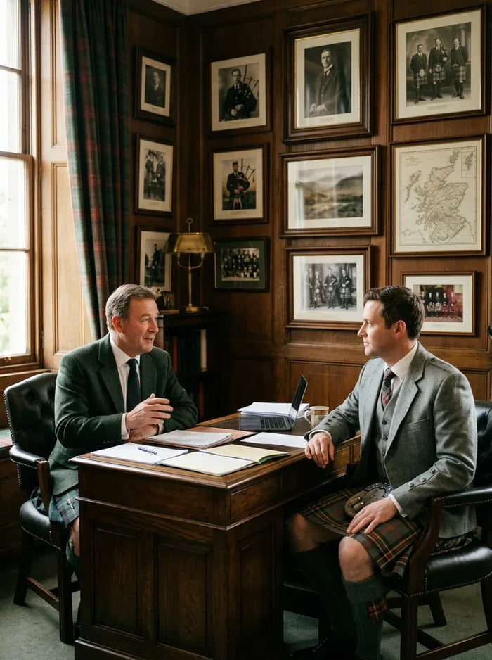 Two men in formal attire sitting at a desk in a room with framed pictures and maps on the wall.