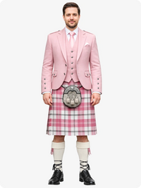 Man wearing a pink suit with a plaid kilt on a white background