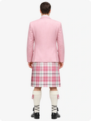 Person wearing a pink blazer and plaid kilt on a white background