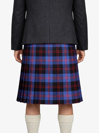 Person wearing a dark gray jacket  and a blue and red plaid kilt on a white background
