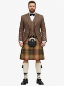 Man wearing a traditional Scottish kilt with a Tan Argyle jacket and bow tie on a white background