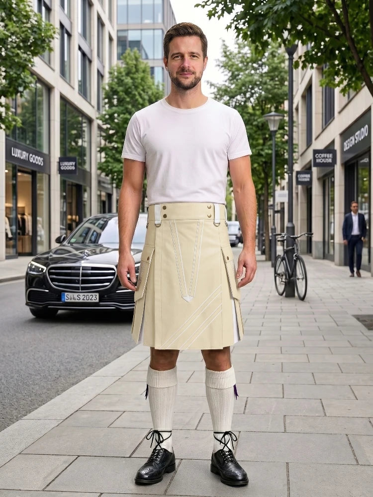 Beige And White Leather Hybrid Utility Kilt Front