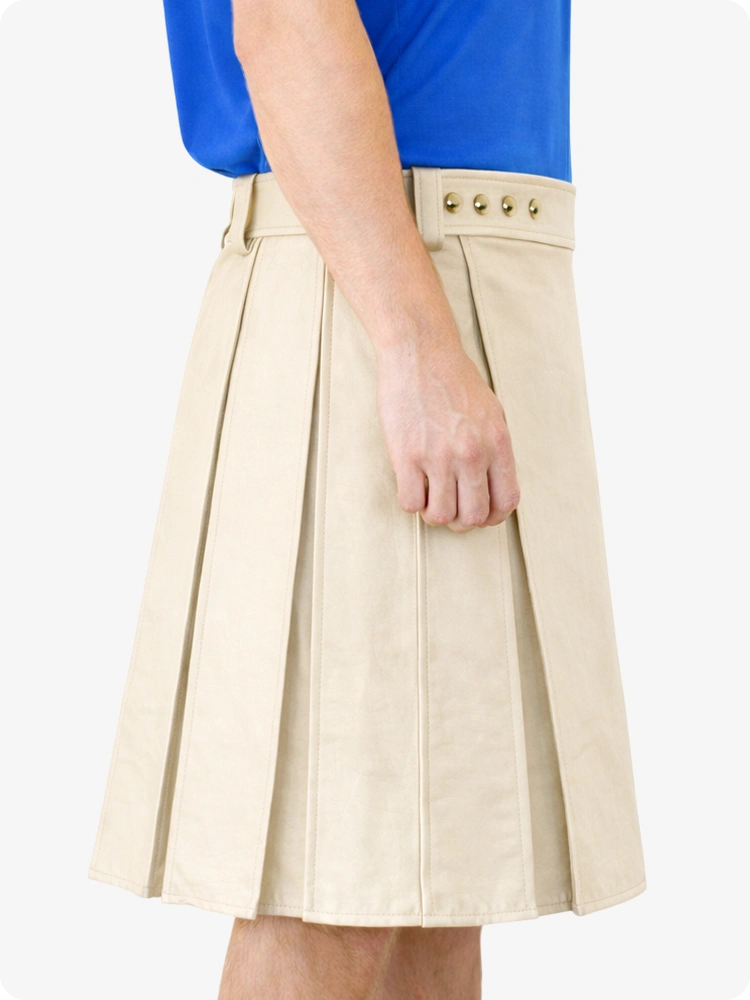 Beige Cream Genuine Leather Utility Kilt with Studded Waistband