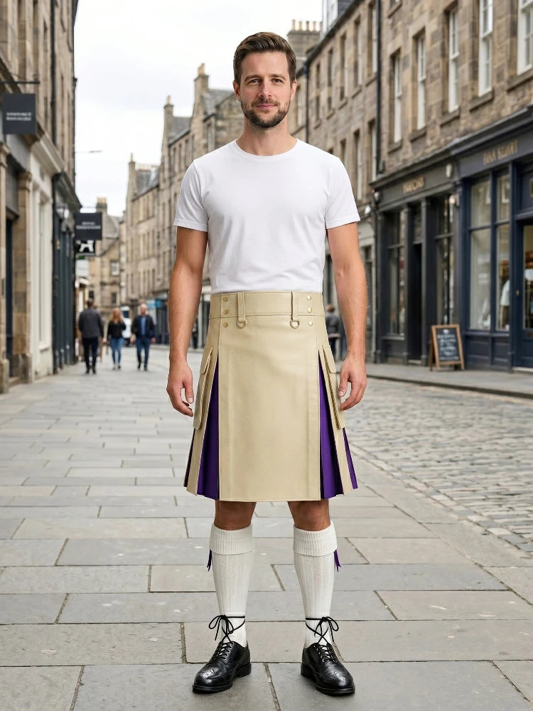 Beige Leather Kilt With Purple Pleats Front Side
