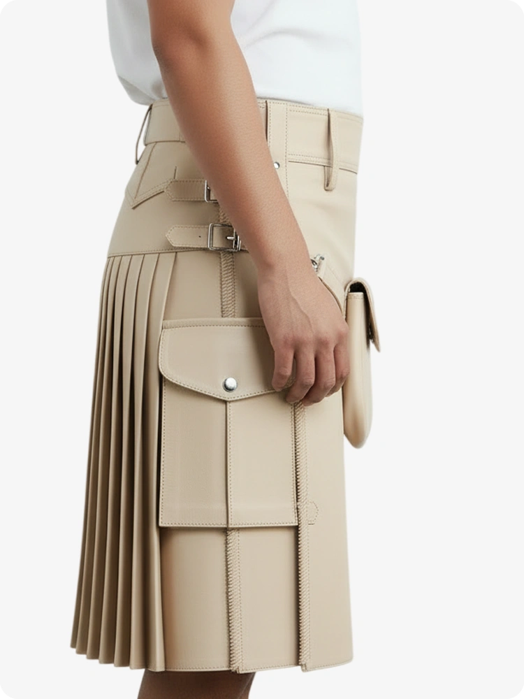 Kilt de cuero plisado color crema beige con trabillas y correas laterales