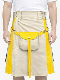 Person wearing a beige and yellow apron with a pocket and fringes on a white background