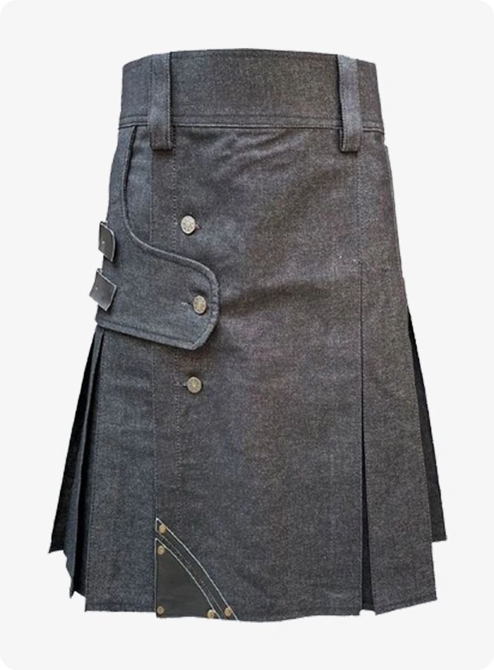 Custom Made Black Denim Utility Strap Kilt