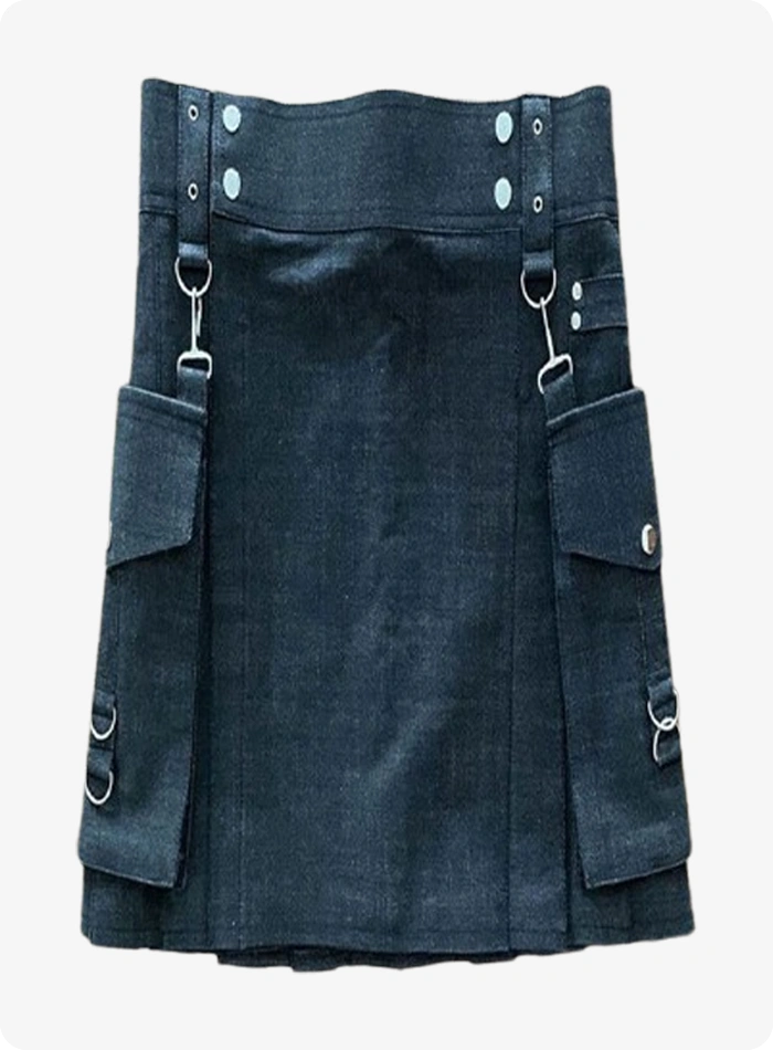 Custom Made Black Denim kilt With Buckles