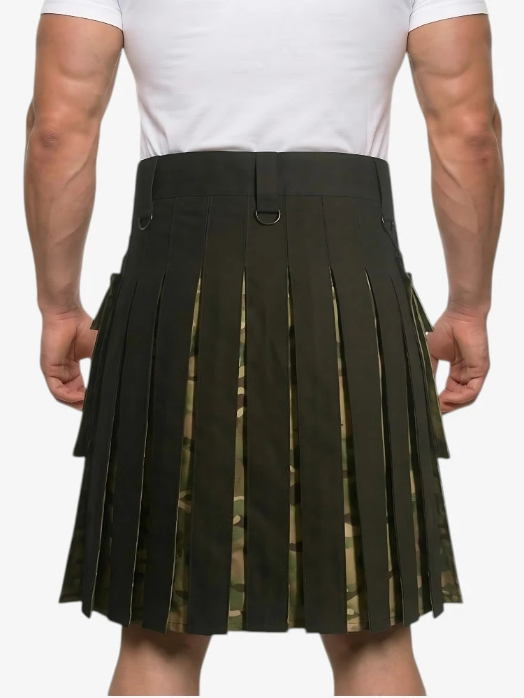 Person wearing a black pleated kilt on a white background