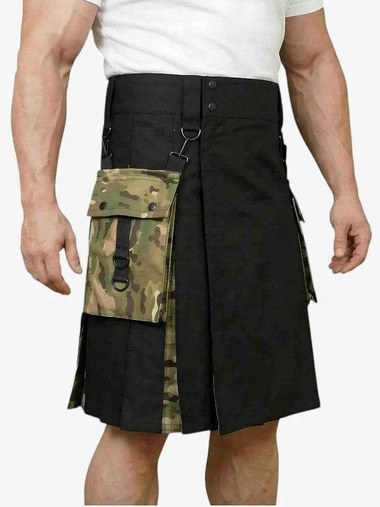 Falda Escocesa Híbrida Negra con Bolsillos Laterales Camuflaje