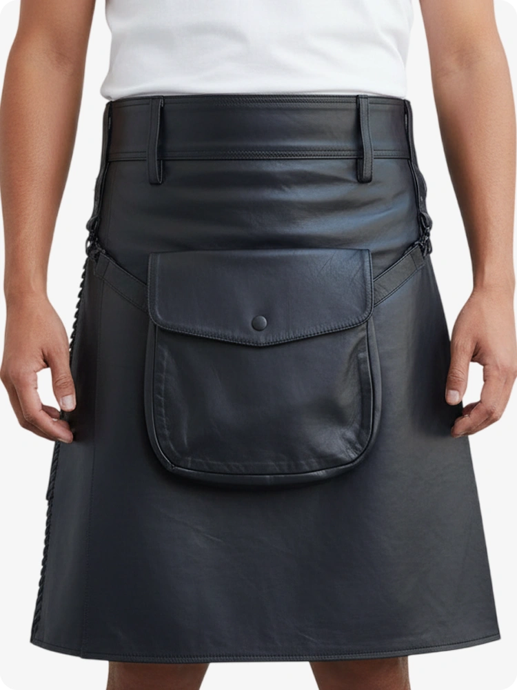 Kilt de cuero plisado negro con trabillas y correas laterales