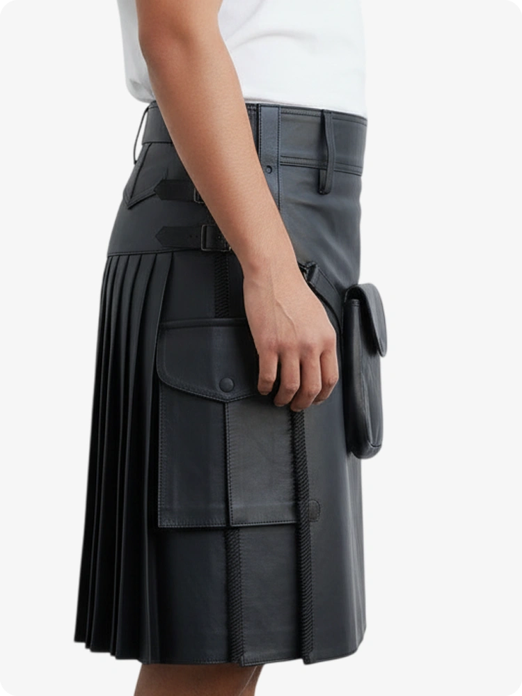 Kilt de cuero plisado negro con trabillas y correas laterales