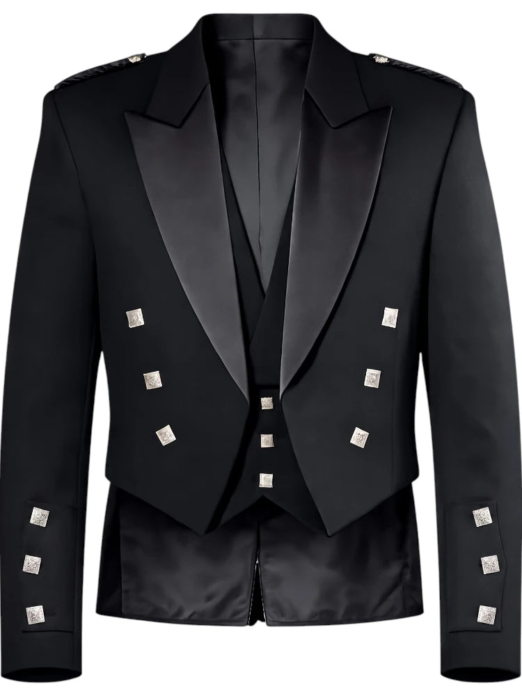 A black double-breasted blazer with satin peak lapels and decorative silver-tone square buttons, shown on a plain white background.