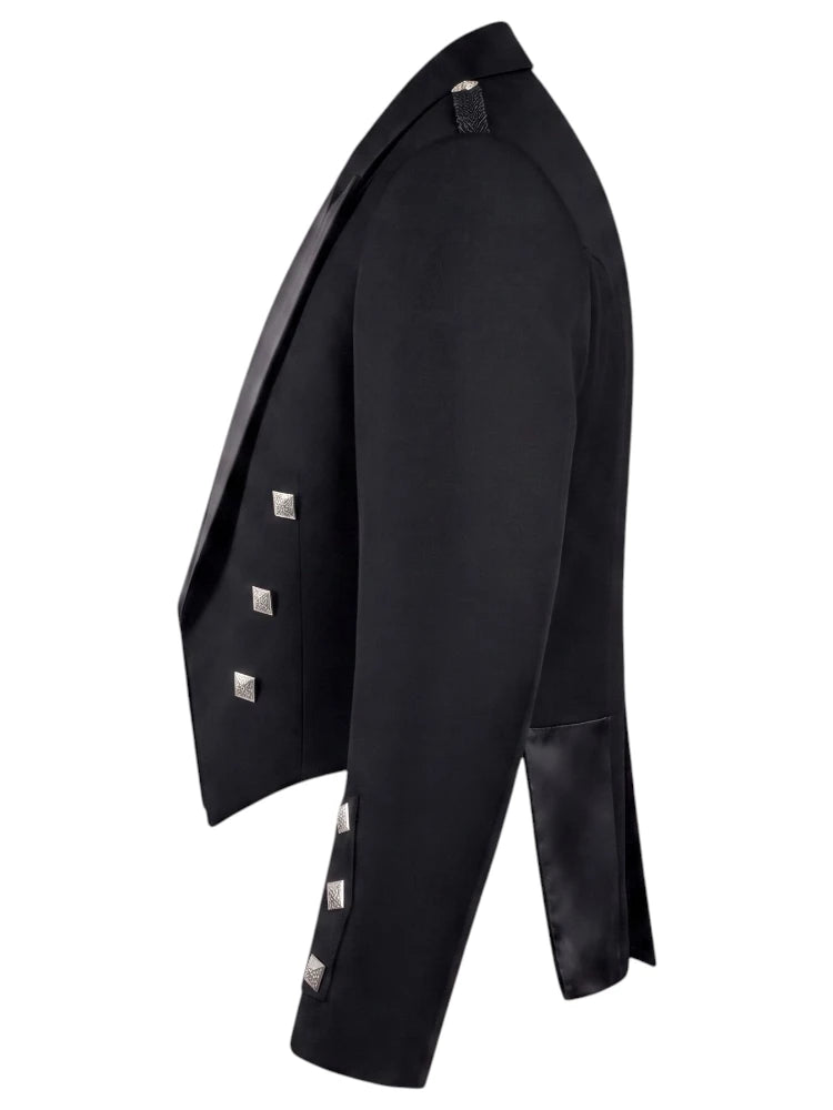 A black double-breasted tuxedo jacket shown from a side profile view, featuring silver-toned metal studs on the lapels and cuffs, set against a plain white background.