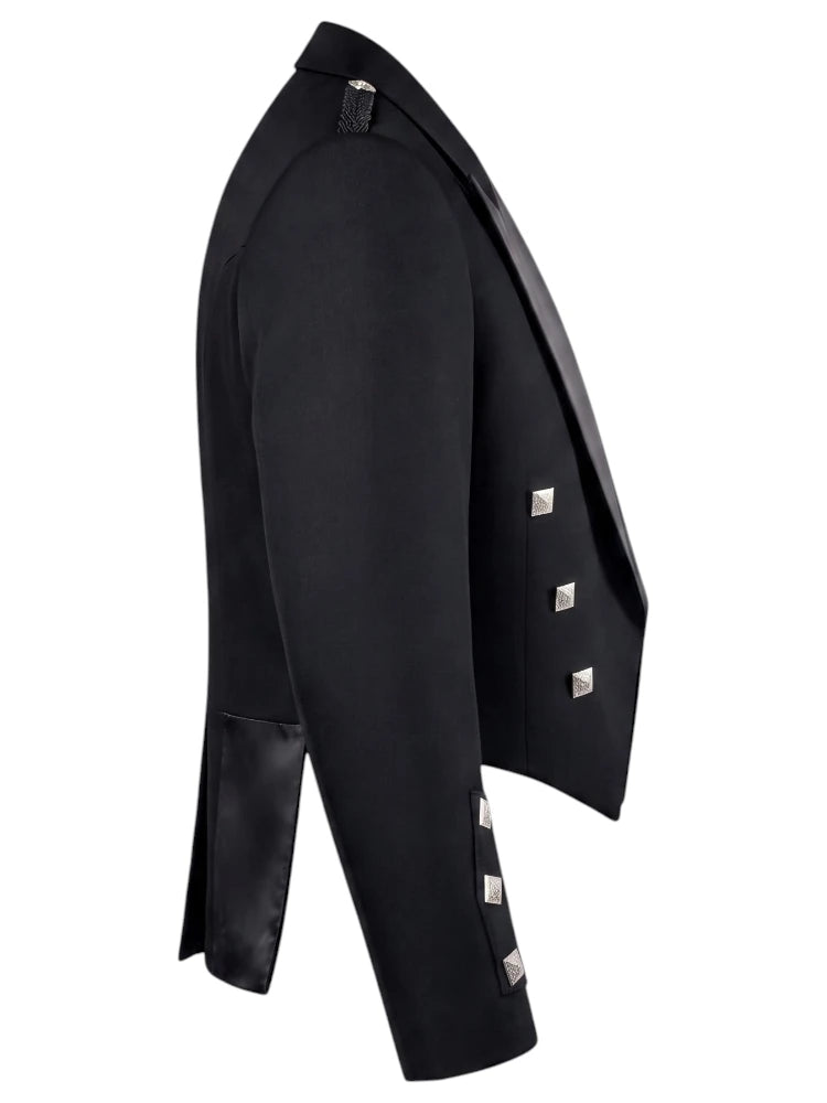 A black double-breasted blazer with silver metallic studs on the lapels and cuffs, shown in a side profile view against a plain white background.
