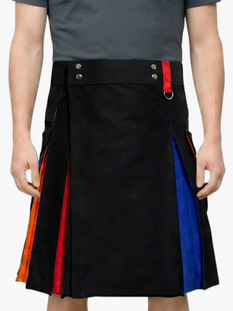 Kilt Rainbow Negro con Pliegues Rojos y Azules