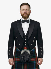 Man wearing a black prince charlie jacket with a black stewart tartan kilt on a white background