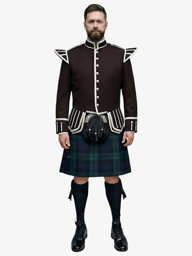 Conjunto de Kilt Doublet Tartan Black Watch con Chaqueta Marrón Oscuro