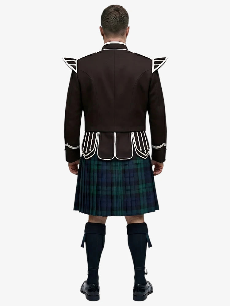 Conjunto de Kilt Doublet Tartan Black Watch con Chaqueta Marrón Oscuro