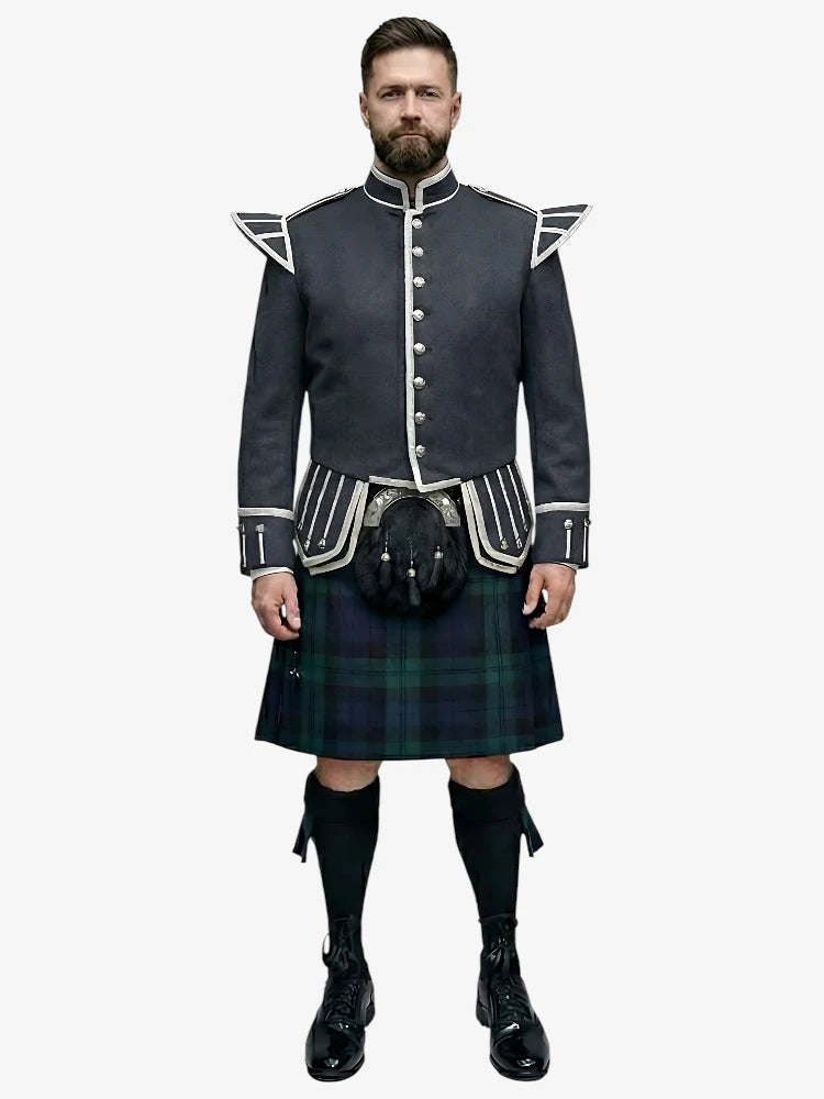 Conjunto de Kilt Doublet de Tartan Black Watch con Chaqueta Gris Oscuro
