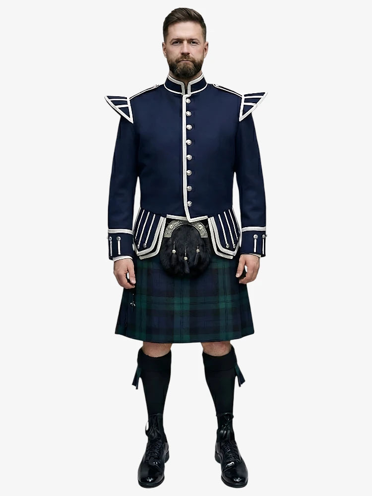 Conjunto de Kilt Doublet de Tartan Black Watch con Chaqueta Azul Marino
