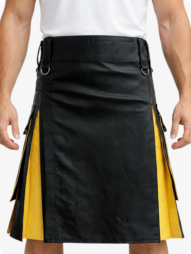 Kilt de cuero negro y amarillo con bolsillos cargo