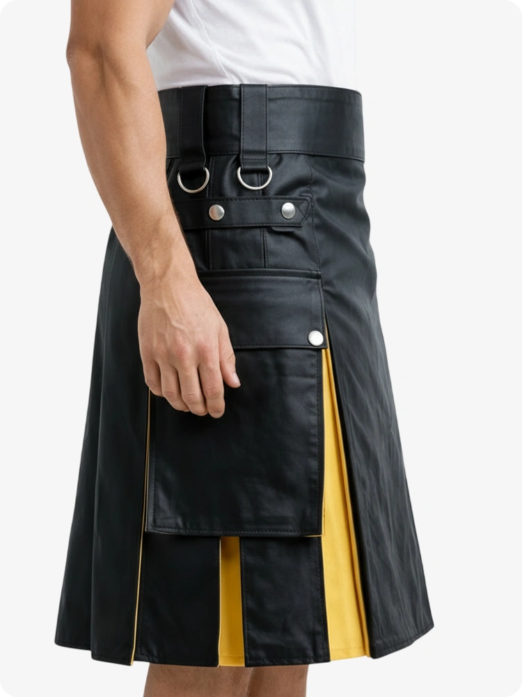 Kilt de cuero negro y amarillo con bolsillos cargo
