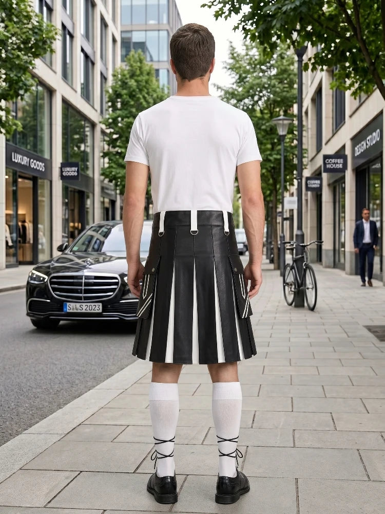 Black and White Leather Hybrid Utility Kilt Back Side