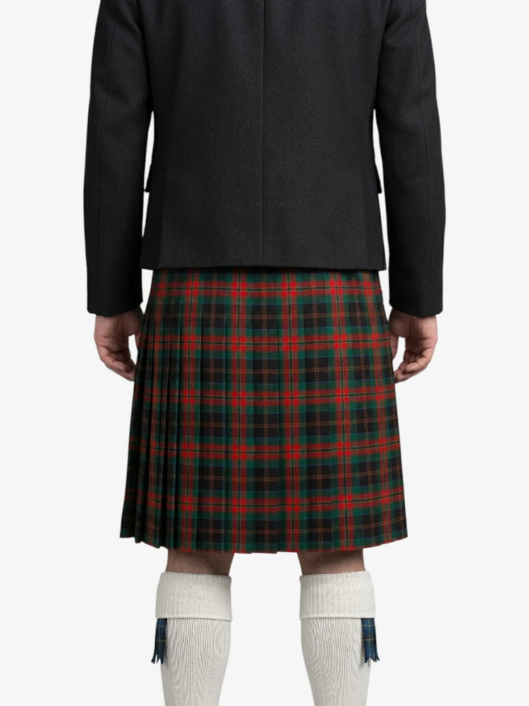 Person wearing a black jacket and red plaid kilt on a white background