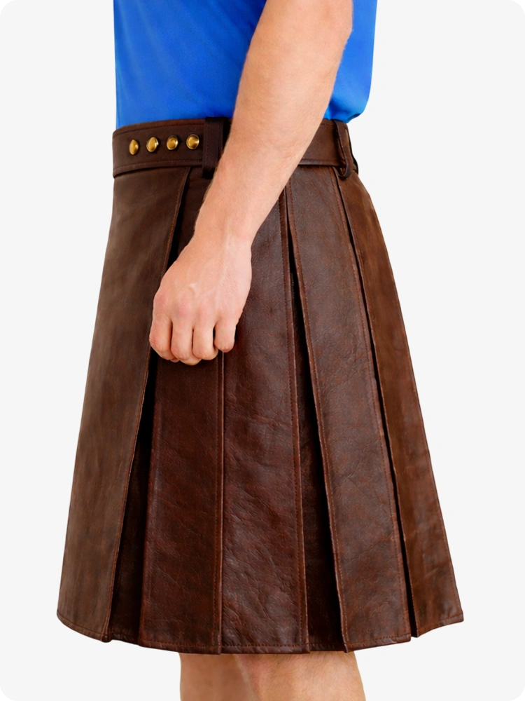 Brown Genuine Leather Utility Kilt with Studded Waistband