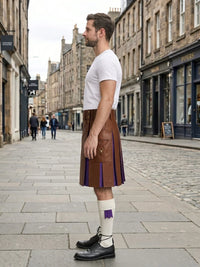Brown Leather Kilt With Purple Pleats Left Side