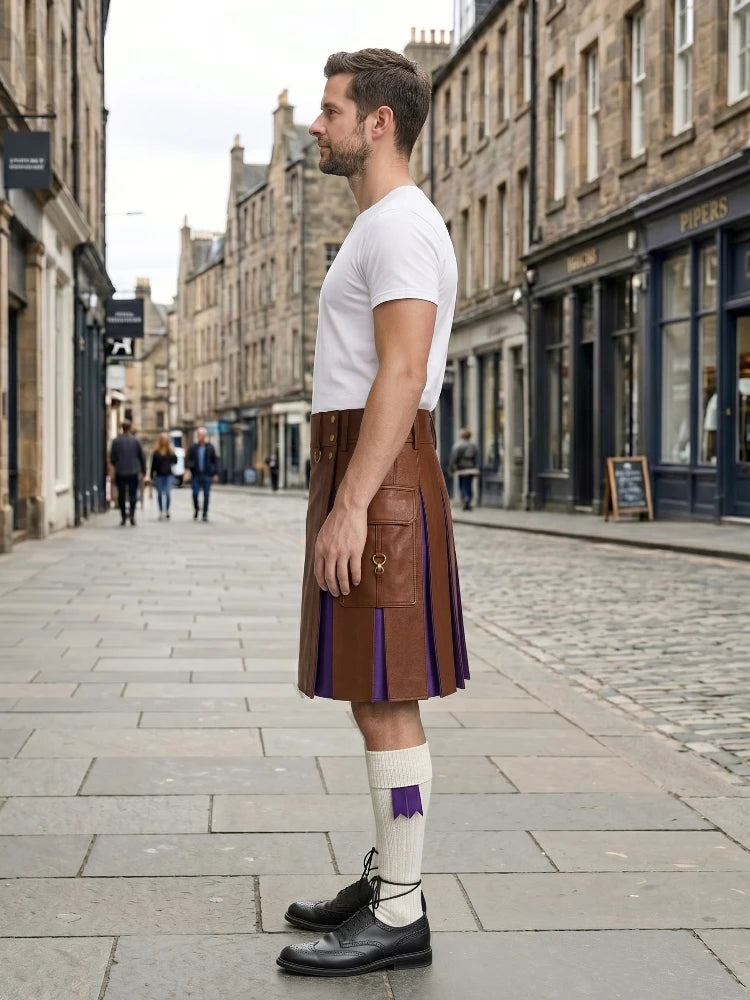 Brown Leather Kilt With Purple Pleats Left Side
