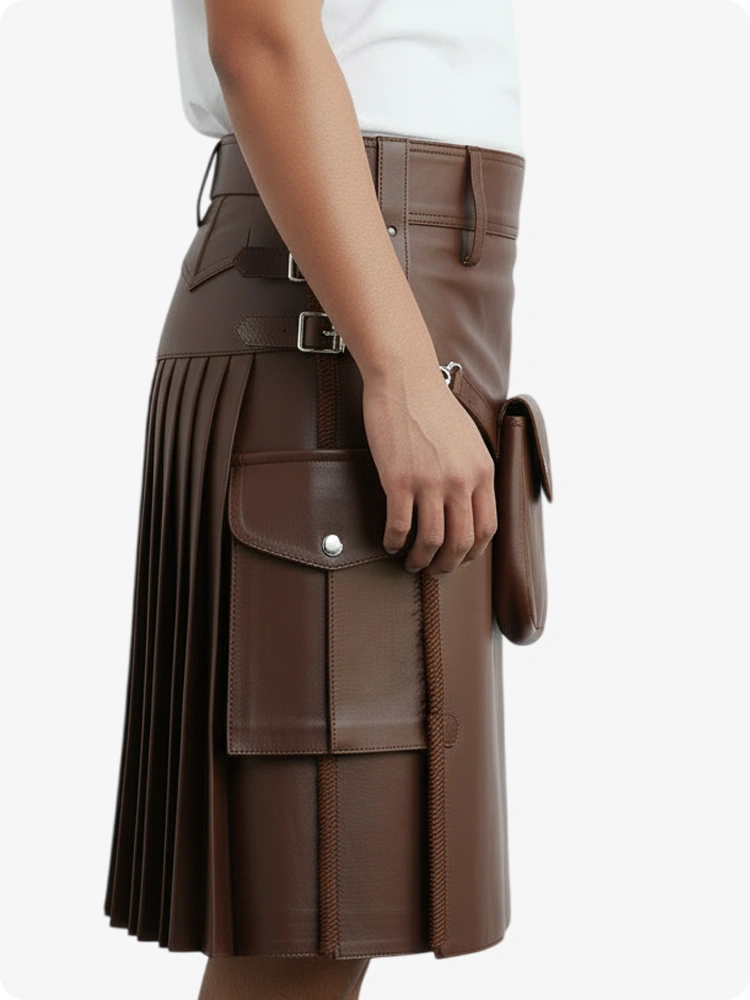 Kilt de cuero plisado marrón con trabillas y correas laterales