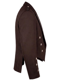 A dark brown double-breasted blazer shown from a side profile view, featuring decorative silver-toned square buttons on the lapels and cuffs, set against a plain white background.