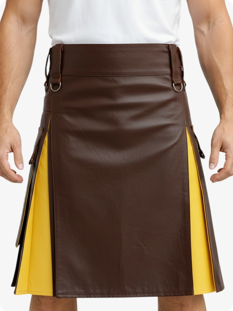 Kilt de cuero marrón y amarillo con bolsillos cargo