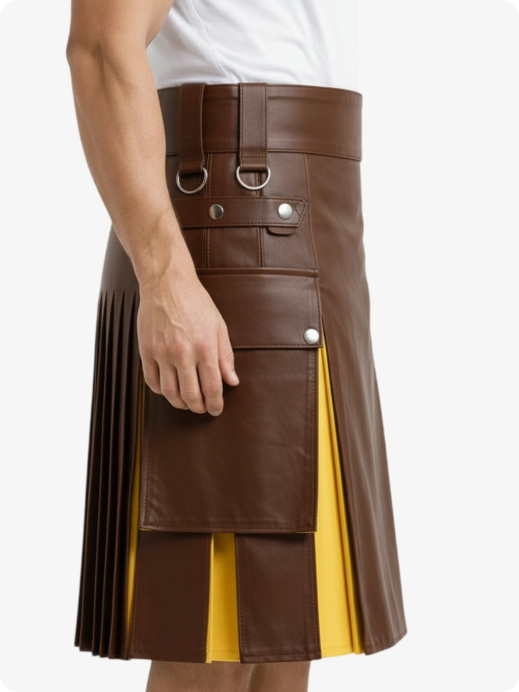 Kilt de cuero marrón y amarillo con bolsillos cargo