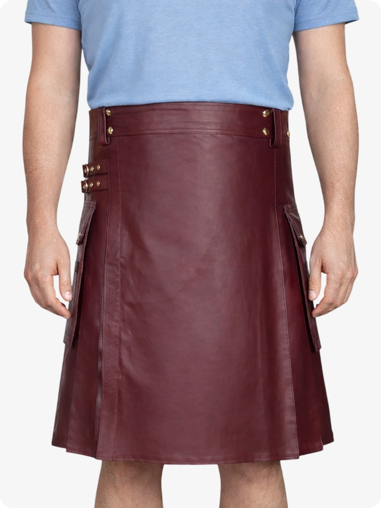 Burgundy Genuine Leather Utility Kilt with Side Pockets