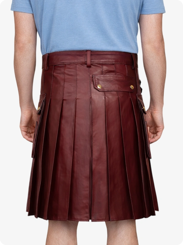 Burgundy Genuine Leather Utility Kilt with Side Pockets