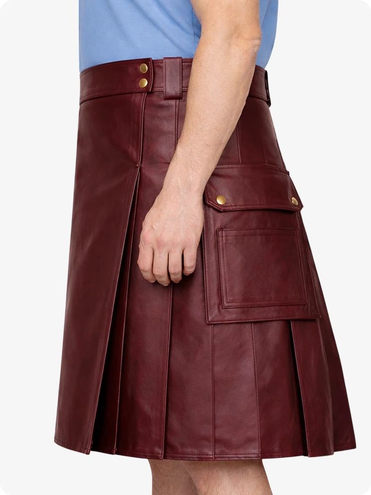 Burgundy Genuine Leather Utility Kilt with Side Pockets