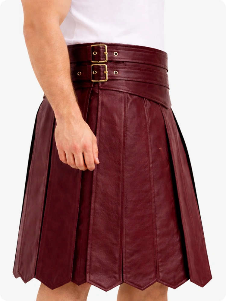Burgundy Leather Highland Kilt Adjustable Buckle Waist & Classic Pleats