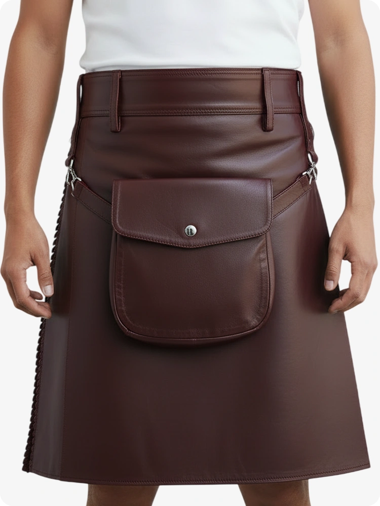 Kilt de cuero plisado color burdeos con trabillas y correas laterales