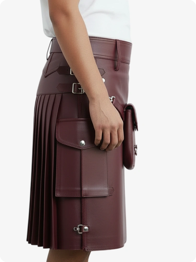 Kilt de cuero plisado color burdeos con trabillas y correas laterales