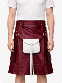 Burgundy leather skirt with white pouch worn by a person on a white background
