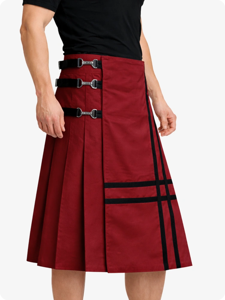Burgundy Leather Utility Kilt with Side Buckles & Pleated Back