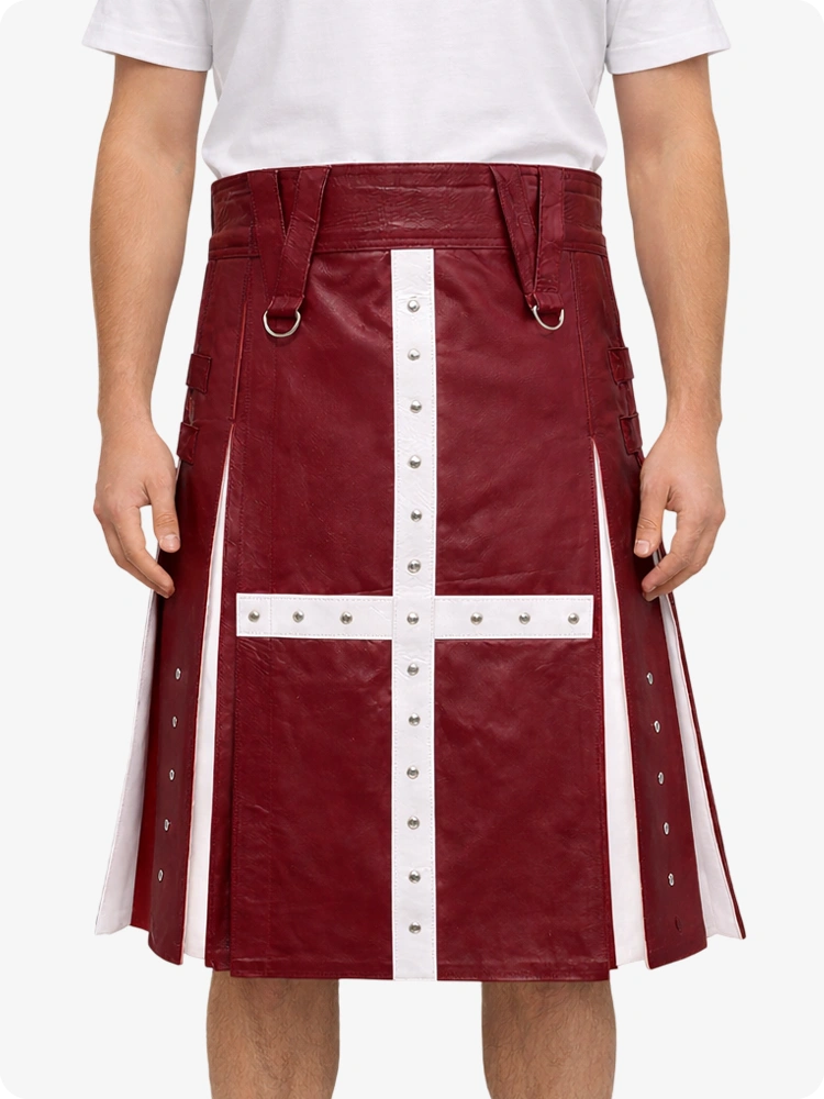 Burgundy Leather Utility Kilt with White Cross Panel & Metal Rivet Detailing