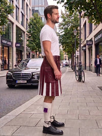 A man standing on a city sidewalk wearing a white t-shirt, a burgundy and white striped kilt, white socks with a purple accent, and black leather shoes. A black Mercedes-Benz car is parked on the street behind him.