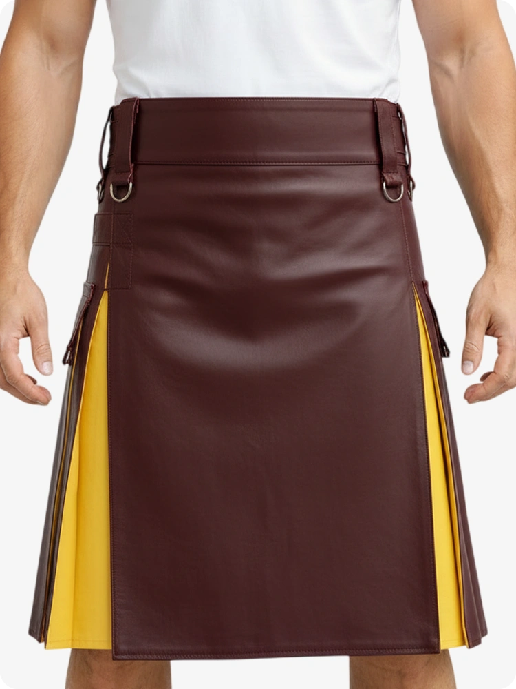 Kilt de cuero burdeos y amarillo con bolsillos cargo