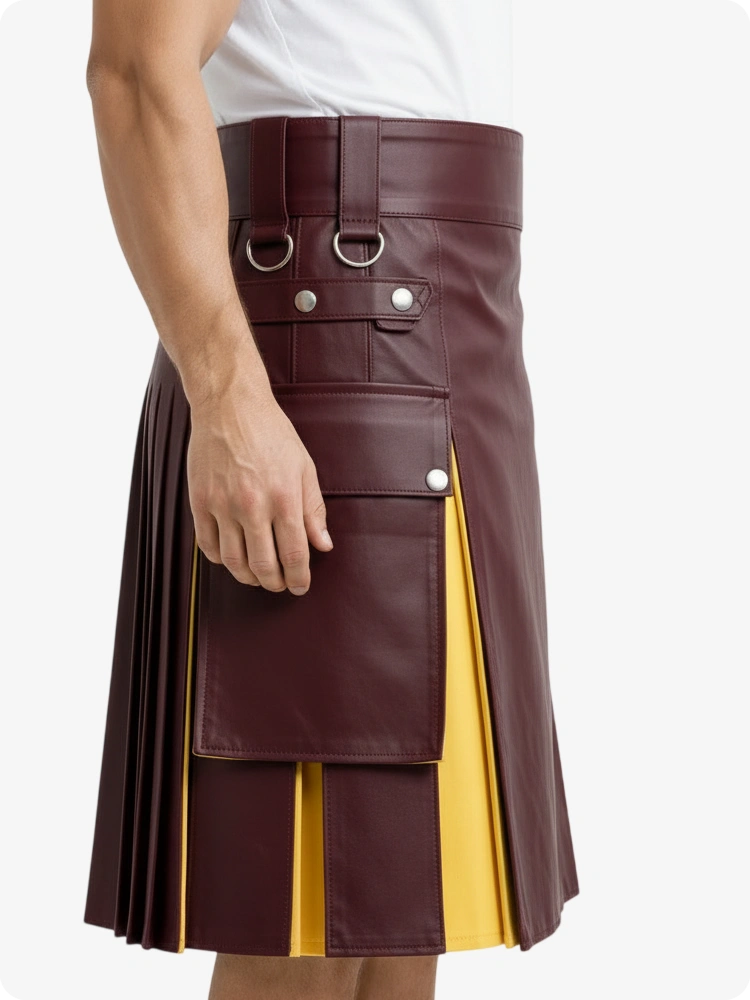 Kilt de cuero burdeos y amarillo con bolsillos cargo