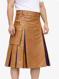 Camel leather skirt with purple accents worn by a person on a white background